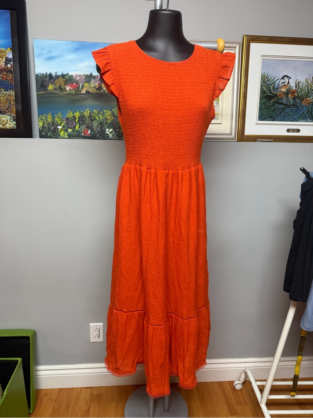Women’s burnt Orange Ruffle Sleeve Maxi Dress . Fits sm/med . Top has stretch